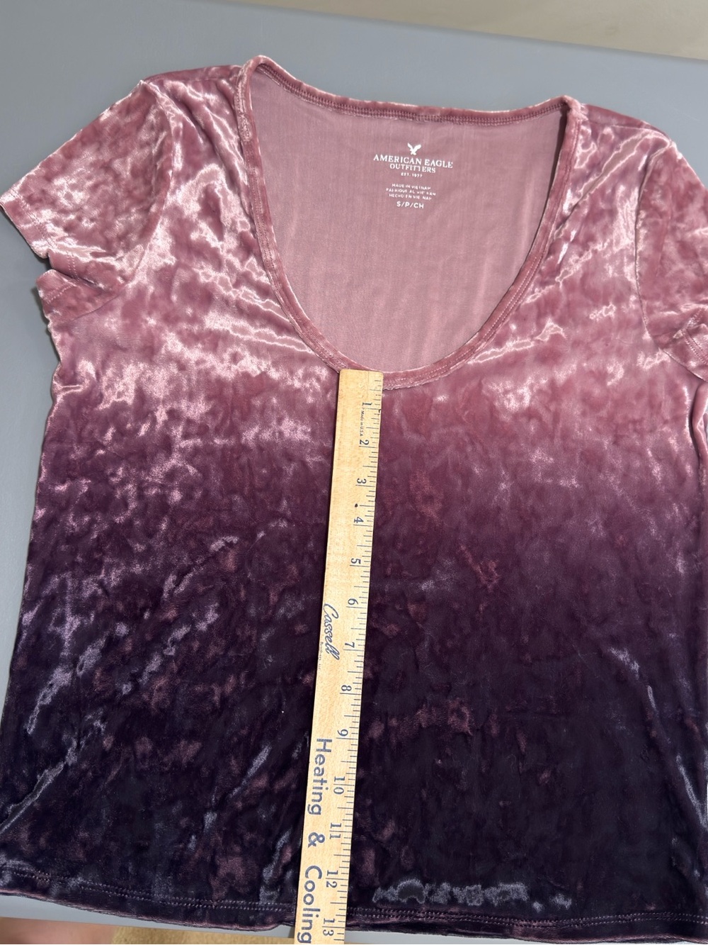 American Eagle Velour Pink/Purple Ombré Short Sleeve Top - Picture 14 of 15